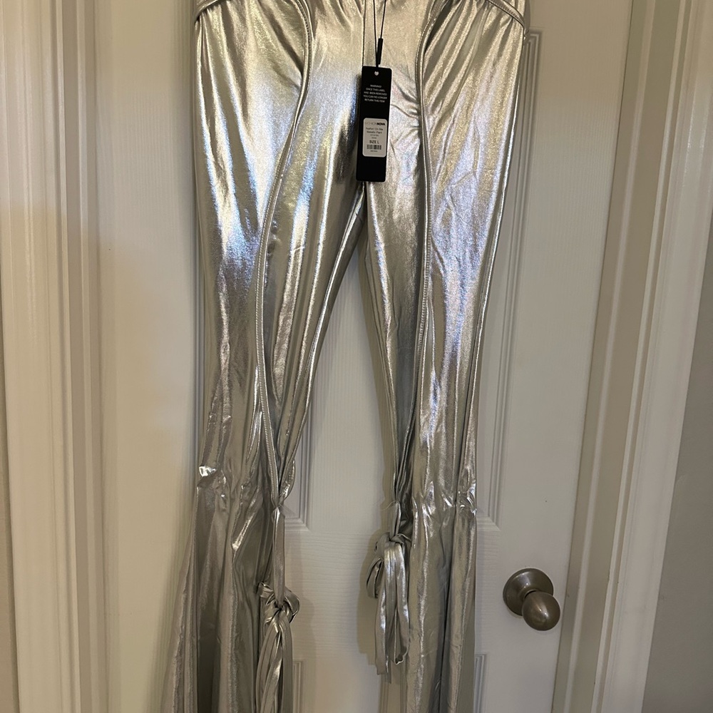 Fashion Nova Shimmering Silver Flare Pants